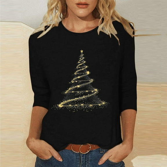 VgaVtl Graphic Christmas Tops for Women 2024 3/4 Sleeve Black T Shirts for Women Comfortable Dressy Classic Regular Tops