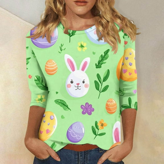 VgaVtl Graphic T-Shirts Women 3/4 Sleeve Easter Ladies Tops Going Out Loose Casual Lightweight Cute Tops,M