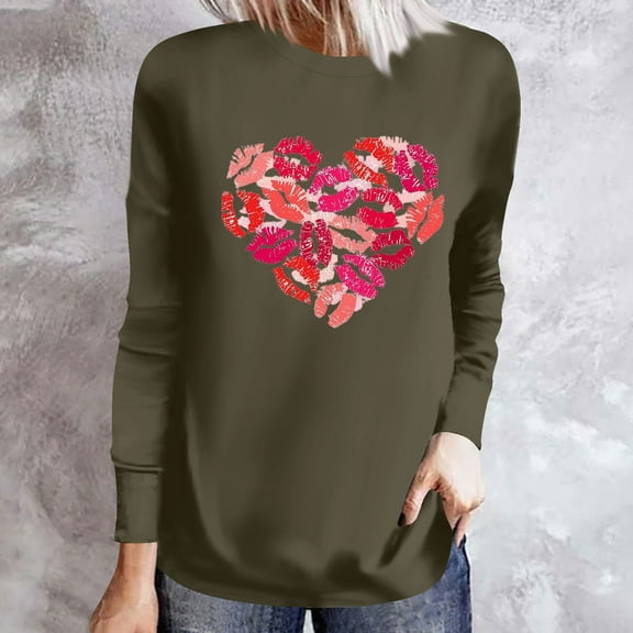 VgaVtl Graphic T-Shirts Women Long Sleeve Cotton Womens Tops Trendy Love Print Green Holiday Funny Casual Regular Tops,M