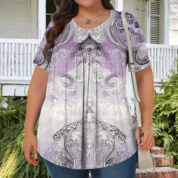 VgaVtl Graphic Women Shirts Short Sleeve Tops for Women Pleated Casual Fancy Holiday Classic Fit Tops,Purple XXL