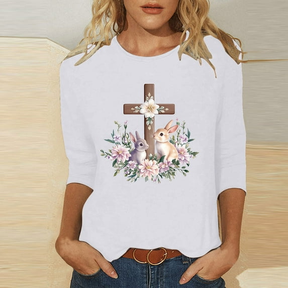 VgaVtl Graphic Womens T Shirt 3/4 Sleeve Easter Women's Plus Size Tops Regular Bottoming Casual Vacation Shiny Tops,L