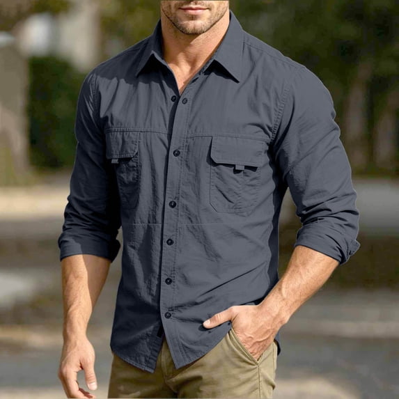 VgaVtl Gray Long Sleeve Men Shirts Fall Winter Collared Quick Drying Casual Button Slim Going Out Mens Plus Size Shirts