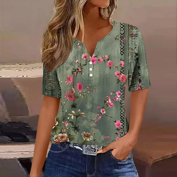 VgaVtl Green Womens Under $10 Short Sleeve V-neck T-Shirt Casual Loose Floral Tops