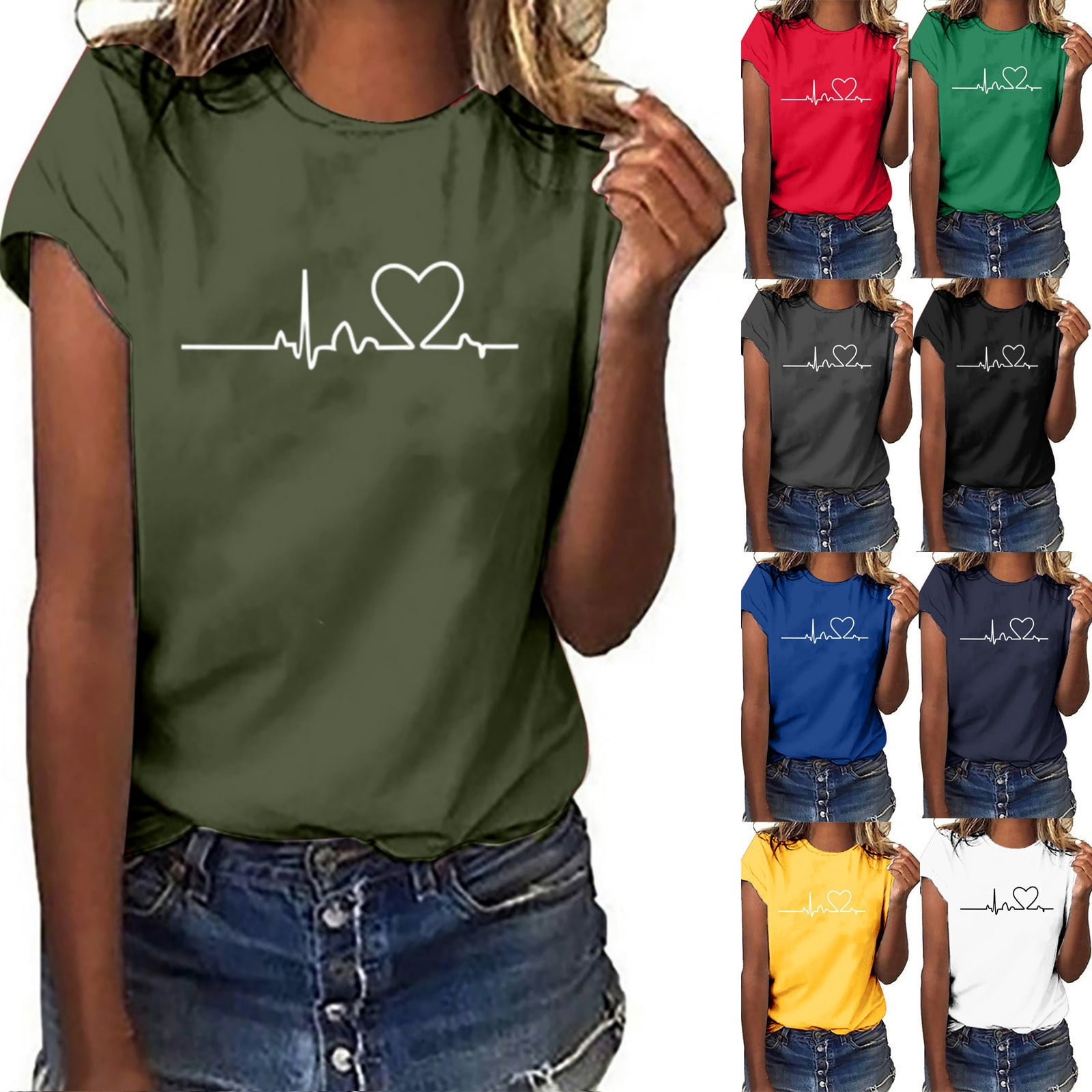 VgaVtl Green Womens Clearance Under $5.00 Short Sleeve Crew Neck T-Shirt Print Casual Loose Tops