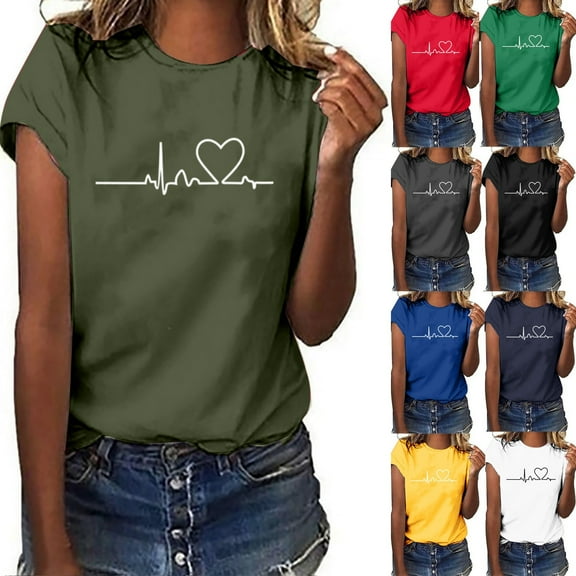 VgaVtl Green Womens Under $5.00 Short Sleeve Crew Neck T-Shirt Print Casual Loose Tops