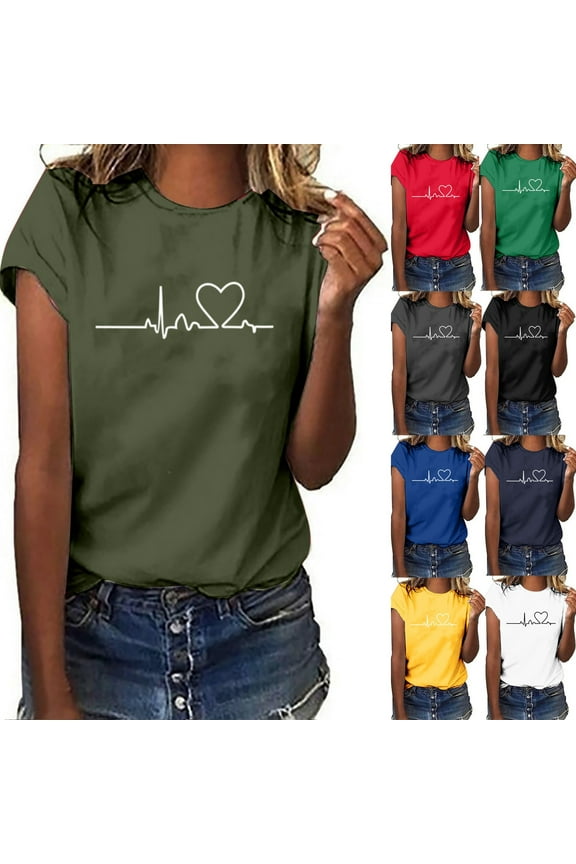 Green Womens Under $5.00 Short Sleeve Crew Neck T-Shirt Print Casual Loose Tops
