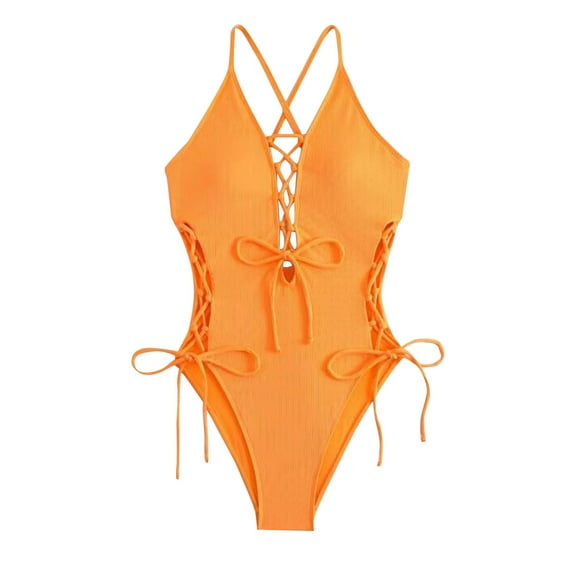 VgaVtl Halter One Piece Womens Bathing Suit Woman Swimsuit Bodysuit Lace up Backless Solid Color Swimsuits,Orange S