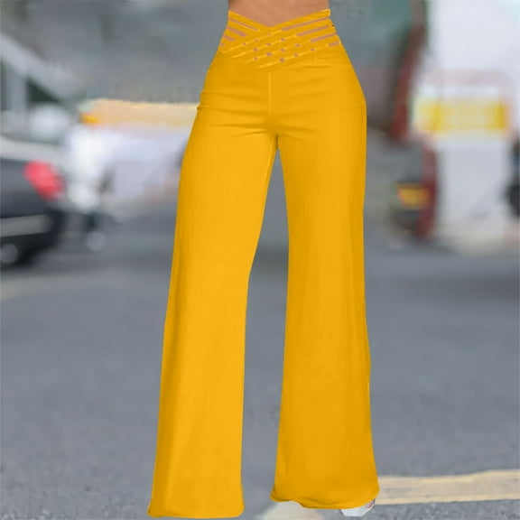 VgaVtl High Rise Wide Leg Pants Woman Womens Palazzo Pants Flare Solid Color Casual Flowy Loose Pants,Yellow L