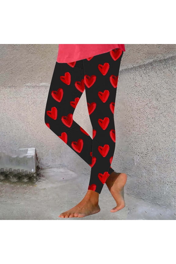 High Waist Womens Leggings Plus Size Black Elastic Pants Women Heart Print Soft Workout Tight Slim-Leg Pants
