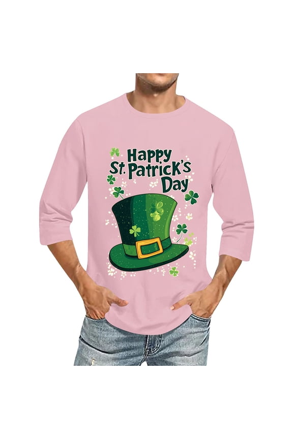 Holiday Mens T Shirts St Patty Day 3/4 Sleeve Clothes for Men Pink Loose Graphic Leisure Shirts