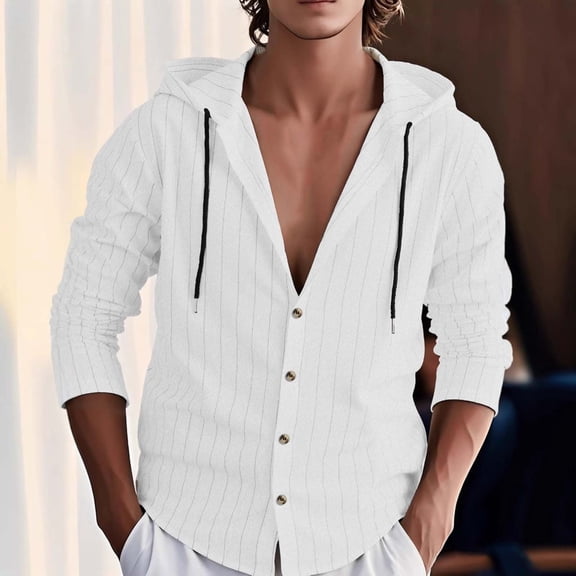 VgaVtl Hooded Men's Long Sleeve Shirt Cotton Linen Mens Tops White Cardigan Striped Workout Loose Big and Tall Casual Shirts,M