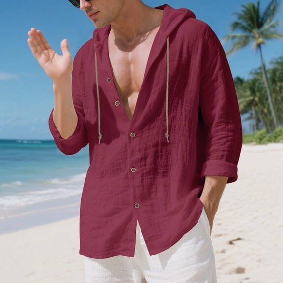 VgaVtl Hooded Shirts for Men Big and Tall Red Long Sleeve Clothing for Men Loose Beach Solid Color Casual Workout Shirts,M