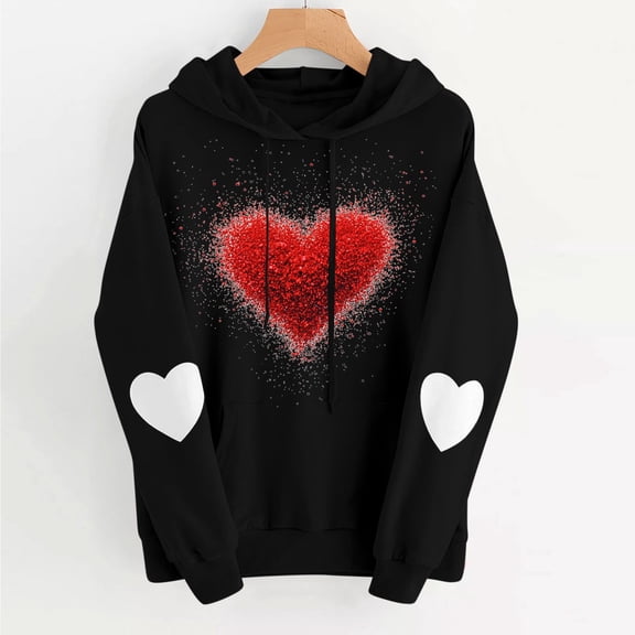 VgaVtl Hooded Sweatshirt Women Valentines Day Long Sleeve Oversized Womens Sweatshirts Heart Print Fleece Pullover Holiday Tops