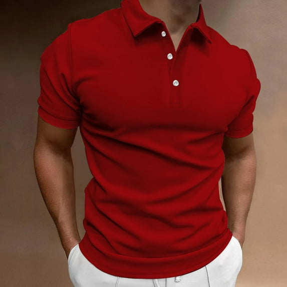 VgaVtl Lapel Men's Short Sleeve Polo Clothing for Men Pull-On Collared Regular Solid Color Casual Shirts,Red XL