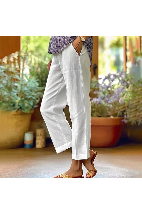 Long Plus Size Womens Pants White Cotton Linen Straight-Leg Plus Size Womens Trousers Pocket Loose Solid Pants