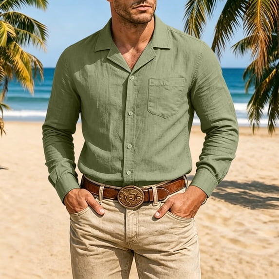 VgaVtl Long Shirts for Men Fall Winter Linen Turn Down Collar Solid Lapel Office Mens Tops Regular Button up Casual
