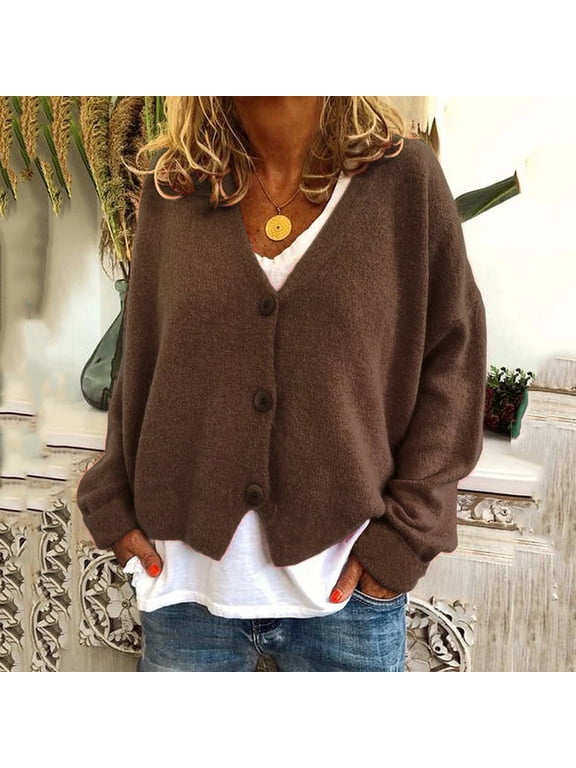 Long Sleeve Cardigan Sweaters for Women Plus Knit Brown Light Sweaters for Casual Loose Solid Button Cardigans