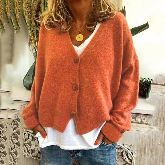 Odbmxy Long Sleeve Cardigans for Women Knit Orange Sweaters for Women Solid Loose Button Casual Cardigans