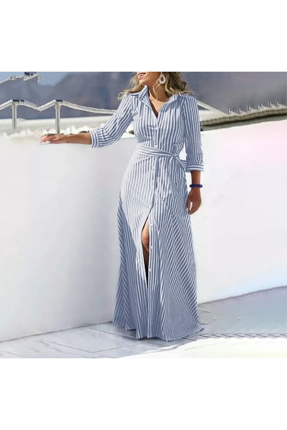 Long Sleeve Dresses for Women Plus Size Blue Shirt Dress Womens Dresses Summer Maxi Striped Loose Lapel Dresses