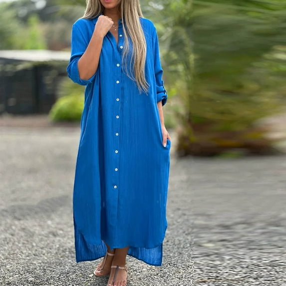 VgaVtl Long Sleeve Dresses for Women Under $5 Shirt Dress Blue Cotton Womens Dresses Solid Long Dresses