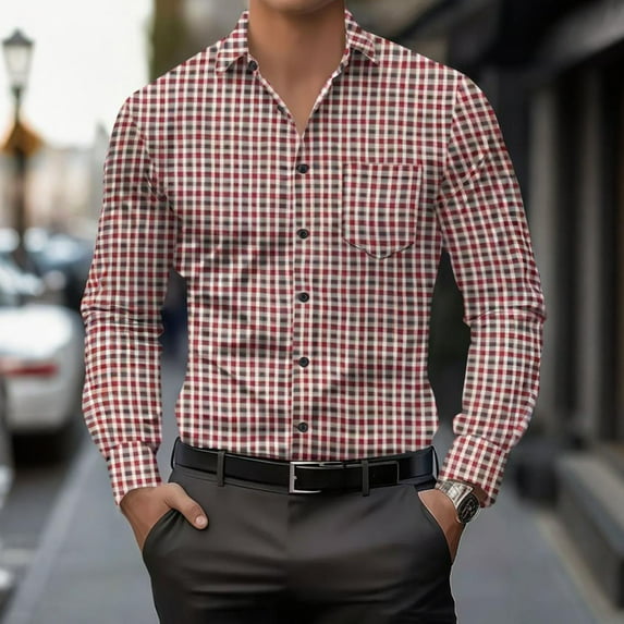 VgaVtl Long Sleeve Men Shirt Dress Shirts Checkered Turn Down Collar Mens Shirts Loose Button up Red Business Casual Dressy Shirts