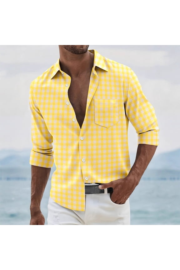 Long Sleeve Mens Shirts Collared Big and Tall Checkered Clothes for Men Holiday Loose Yellow Leisure Button down Shirts,M