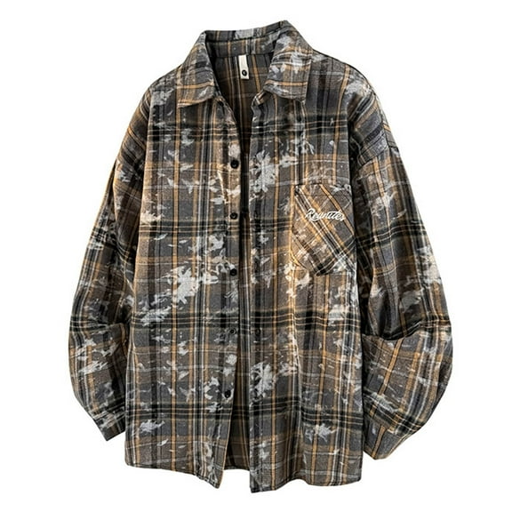 VgaVtl Long Sleeve Mens Shirts Plaid Collared Tops for Men Leisure Big and Tall Regular Button down Cardigan Gray Shirts,5XL