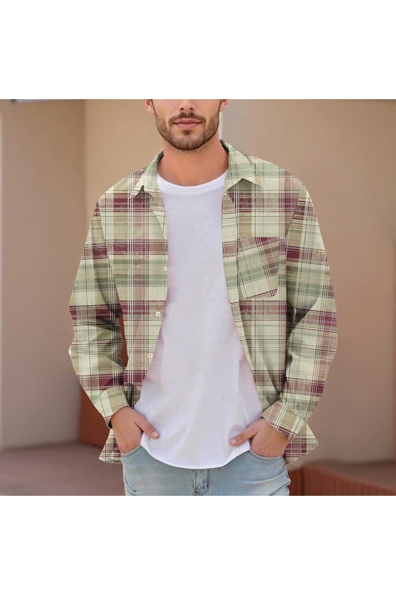 Long Sleeve Mens Shirts Turn Down Collar Plaid Mens Tops Loose Casual Yellow Button Holiday Cardigan Shirts,L