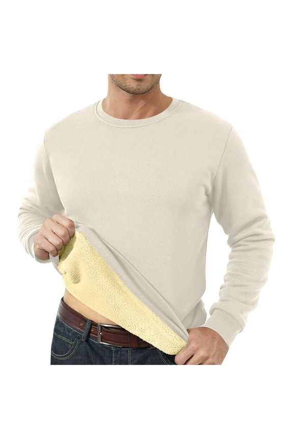 Long Sleeve Mens T Shirts Fall Tee Shirts for Men Loose Thick Beige Warm Solid Shirts