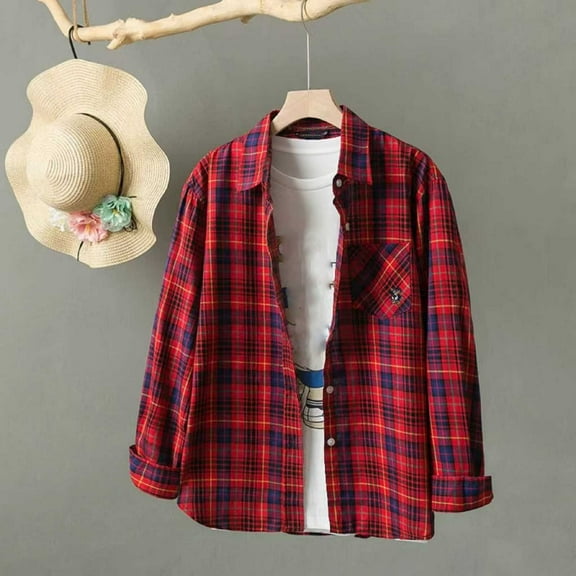 VgaVtl Long Sleeve Plus Size Womens Shirts Collared Cotton Womens Tops Flannel Red Regular Leisure Plaid Button Down Shirts,XL