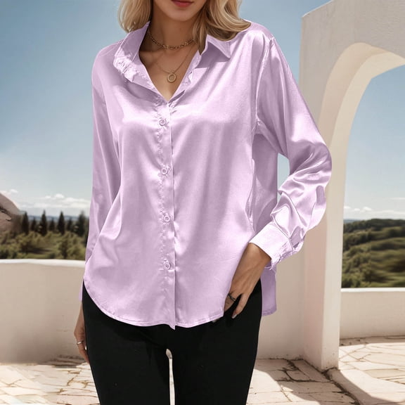 VgaVtl Long Sleeve Plus Size Womens Shirts Collared Fall Winter Womens Top Button Down Plain Leisure Loose Purple Party Shirts,XL
