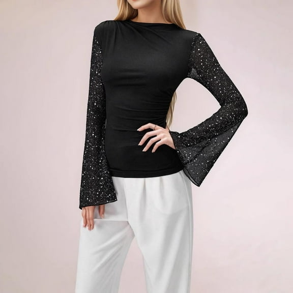VgaVtl Long Sleeve Plus Size Womens Shirts Sequin Fall Winter Tops for Women Slim Solid Black Leisure Party Shirts,XXL