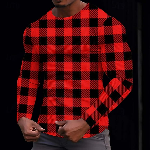 VgaVtl Long Sleeve Shirt Men Red Fall Winter Clothes for Men Leisure Waffle Elastic Loose Athletic Plaid Shirts,S
