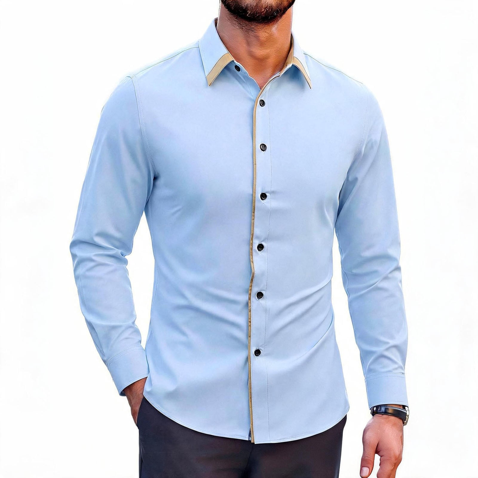 Large Turn Button VgaVtl Long Sleeve Shirt Men Turn Down Collar Button up Fall Winter ...