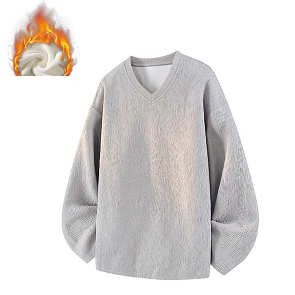 VgaVtl Long Sleeve Shirts Men Fleece V-Neck T Shirts for Men Sports Warm Gray Loose Casual Solid Shirts,5XL