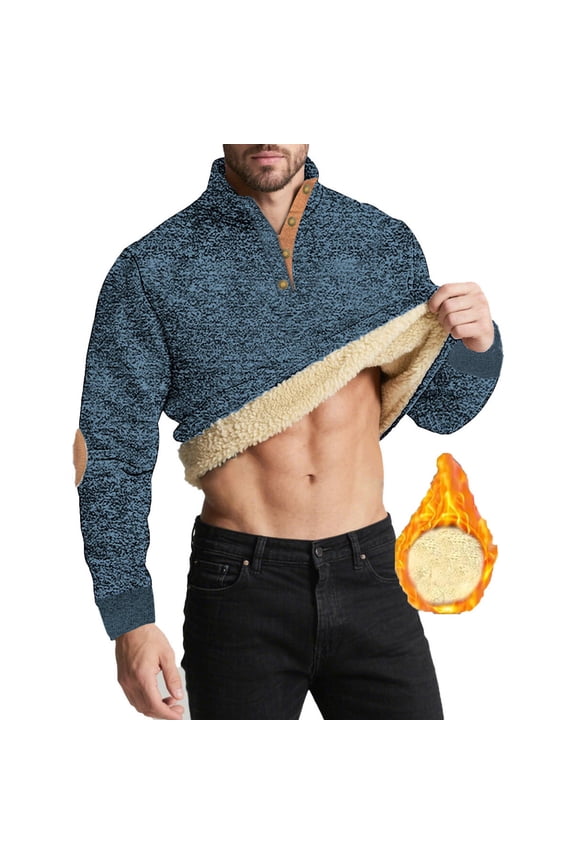 Long Sleeve Shirts Men Turtleneck Fuzzy T Shirts for Men Casual Blue Thick Plain Loose Warm Shirts,M