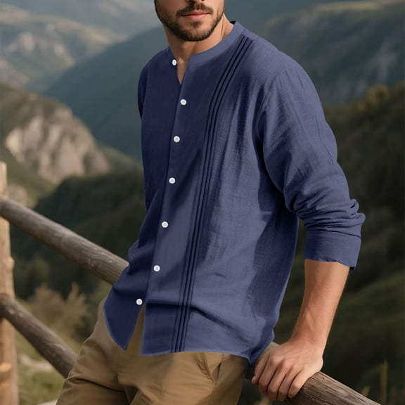 VgaVtl Long Sleeve Shirts for Men Collared Cotton Linen Mens Clothes Workout Button down Blue Solid Color Loose Soft Shirts,S