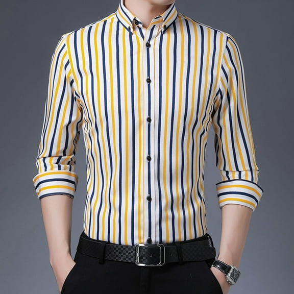 VgaVtl Long Sleeve Shirts for Men Dress Shirts Yellow Collared Shirts for Men Plus Size Striped Wrinkle Free Dressy Office Shirts