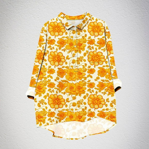 VgaVtl Long Sleeve Shirts for Women Collared Fall Winter Womens Top Casual Yellow Button Down Loose Vacation Floral Shirts,M