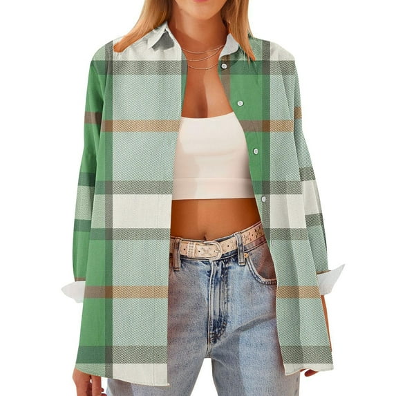 VgaVtl Long Sleeve Shirts for Women Plaid Collared Tops Women Green Loose Holiday Casual Button Down Shirts,XL