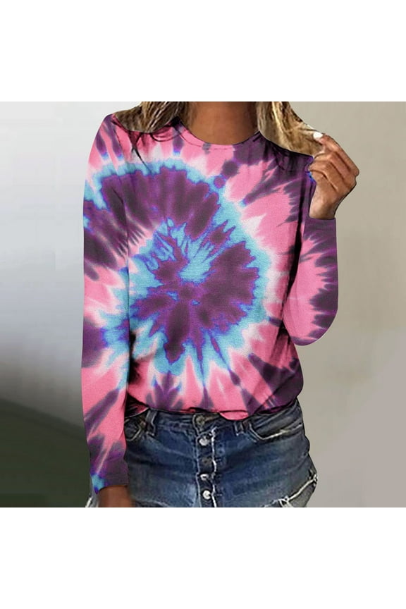 Long Sleeve T Shirt Women Pink Womens Plus Size Tops Print Casual Tie-Dye Loose Tops