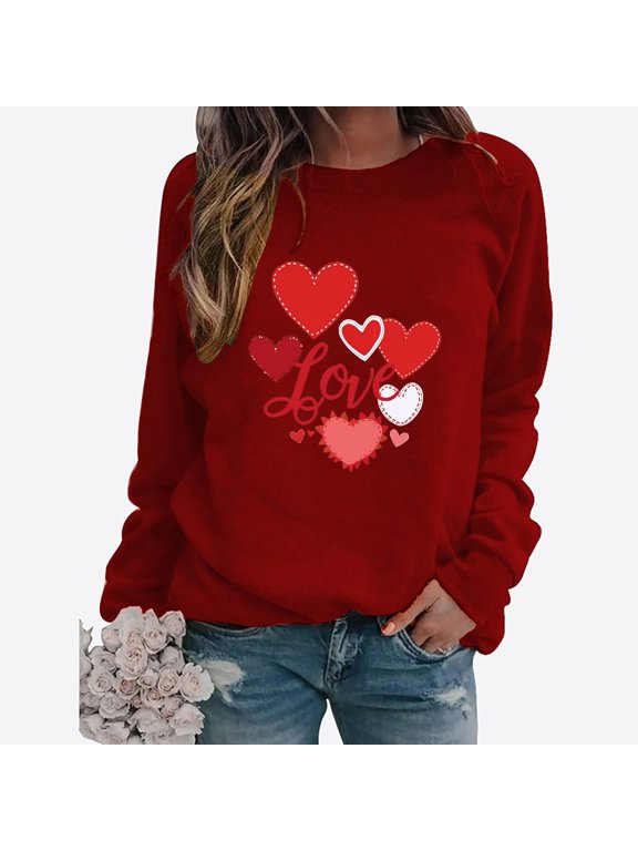 Long Sleeve T-Shirt Women Cute Valentines Day Women's Tops Love Heart Print Loose Casual Lightweight Red Tops