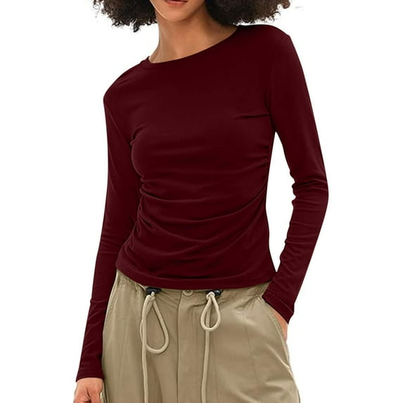 VgaVtl Long Sleeve T-Shirts Womens Plus Size Plus Size Womens Tops Red Workout Layering Slim Solid Color Casual Basic Tops,L