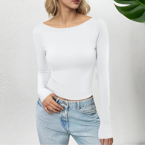 VgaVtl Long Sleeve T Shirts for Women Fall Winter Womens Tops White Solid Color Undershirts Casual Basic Slim Shirts,L