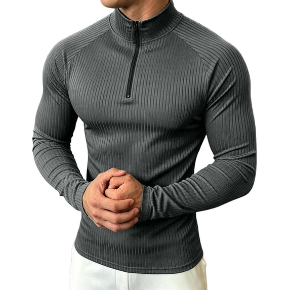 VgaVtl Long Sleeve Tee Shirts for Men Athletic Fall Winter Zip-Up Casual Gray Stretch Turtleneck Shirts for Men Slim