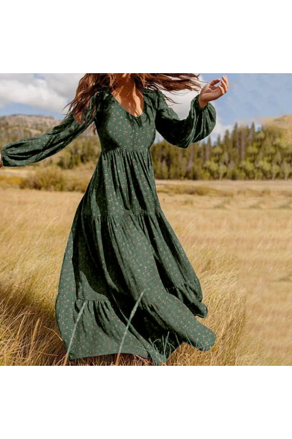 Long Sleeve Woman Dresses Plus Size Green A-Line Womens Dresses Plus Size Loose Floral Long Dresses