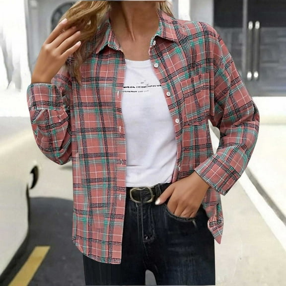 VgaVtl Long Sleeve Women Shirts Collared Plaid Plus Size Tops Women Vintage Button Down Pink Casual Loose Shirts,M