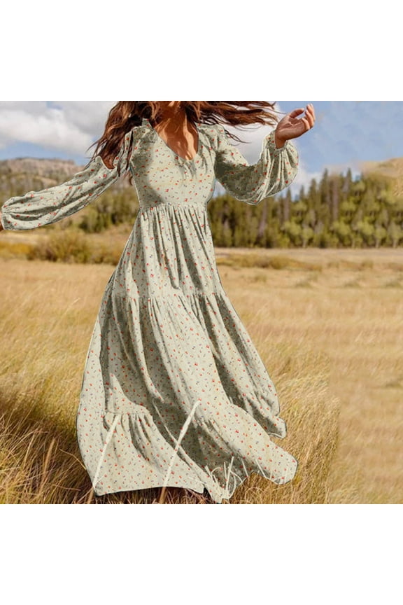 Long Sleeve Womens Dresses Plus Size A-Line Beige Women Dress Casual Long Loose Floral Dresses