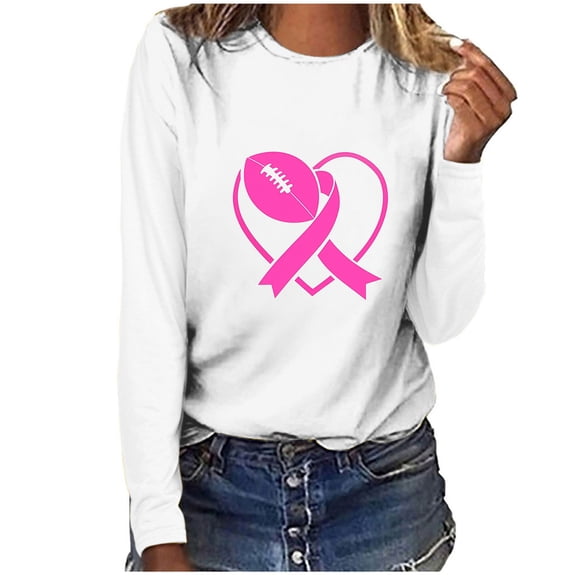 VgaVtl Long Sleeve Womens Plus Tees Breast Cancer Women Tops Casual White Graphic Loose Camping Shirts,XL