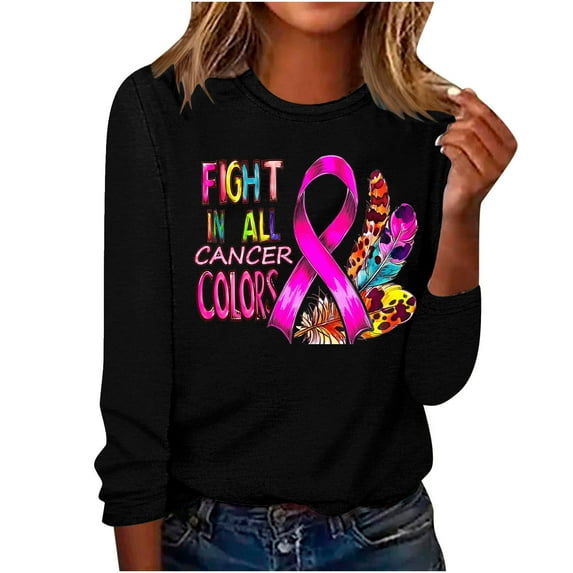 VgaVtl Long Sleeve Womens Plus Tees Black Tops for Women Trendy Casual Breast Cancer Print Loose Tops